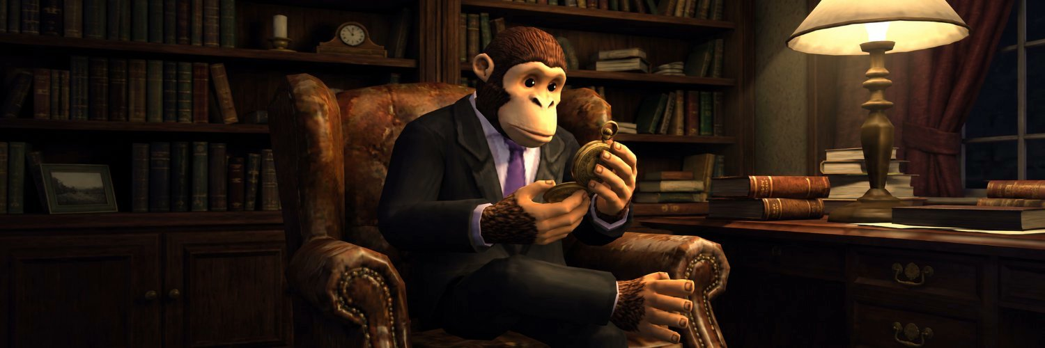 AMC, a distinguished ape in a black suit and lilac tie, seated in a leather armchair examining a gold pocket watch in a lamplit study
